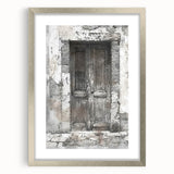 Textured art print of a rustic Italian door in muted earth tones, framed with a silver mat, ideal for bedroom decor.