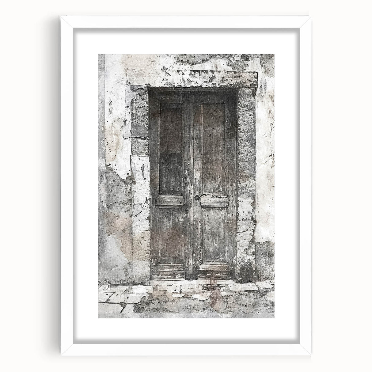 Rustic Italian door design in muted earth tones on a framed print with white mat, suitable for dining room decor.