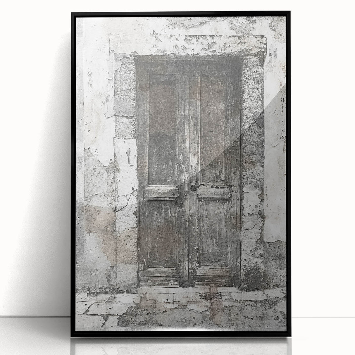 Large abstract wall art featuring a rustic Italian door design on a framed acrylic print, in muted earth tones.