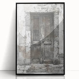 Large abstract wall art featuring a rustic Italian door design on a framed acrylic print, in muted earth tones.