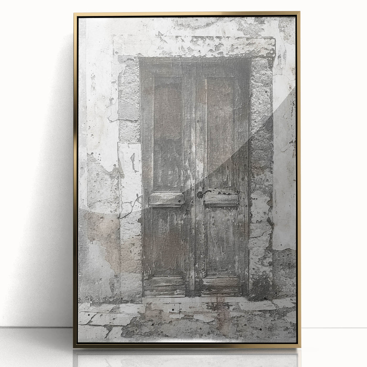 Rustic Italian door design in a framed acrylic print with gold accents, suitable for modern art wall decor.