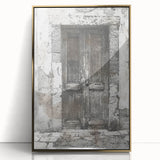 Rustic Italian door design in a framed acrylic print with gold accents, suitable for modern art wall decor.