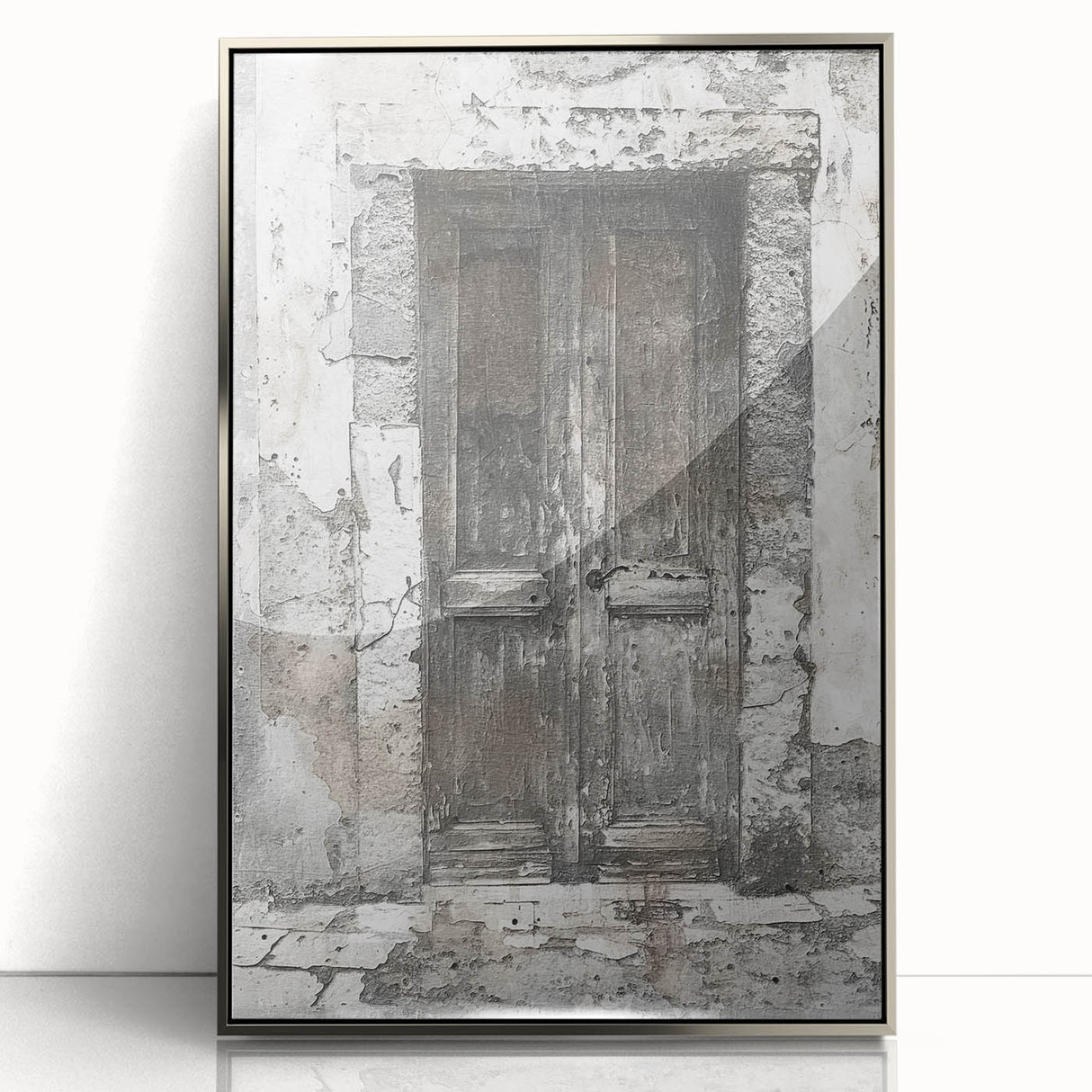 Acrylic print of rustic Italian door architecture in muted earth tones, framed in silver, suitable for nursery wall art.