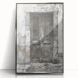 Acrylic print of rustic Italian door architecture in muted earth tones, framed in silver, suitable for nursery wall art.