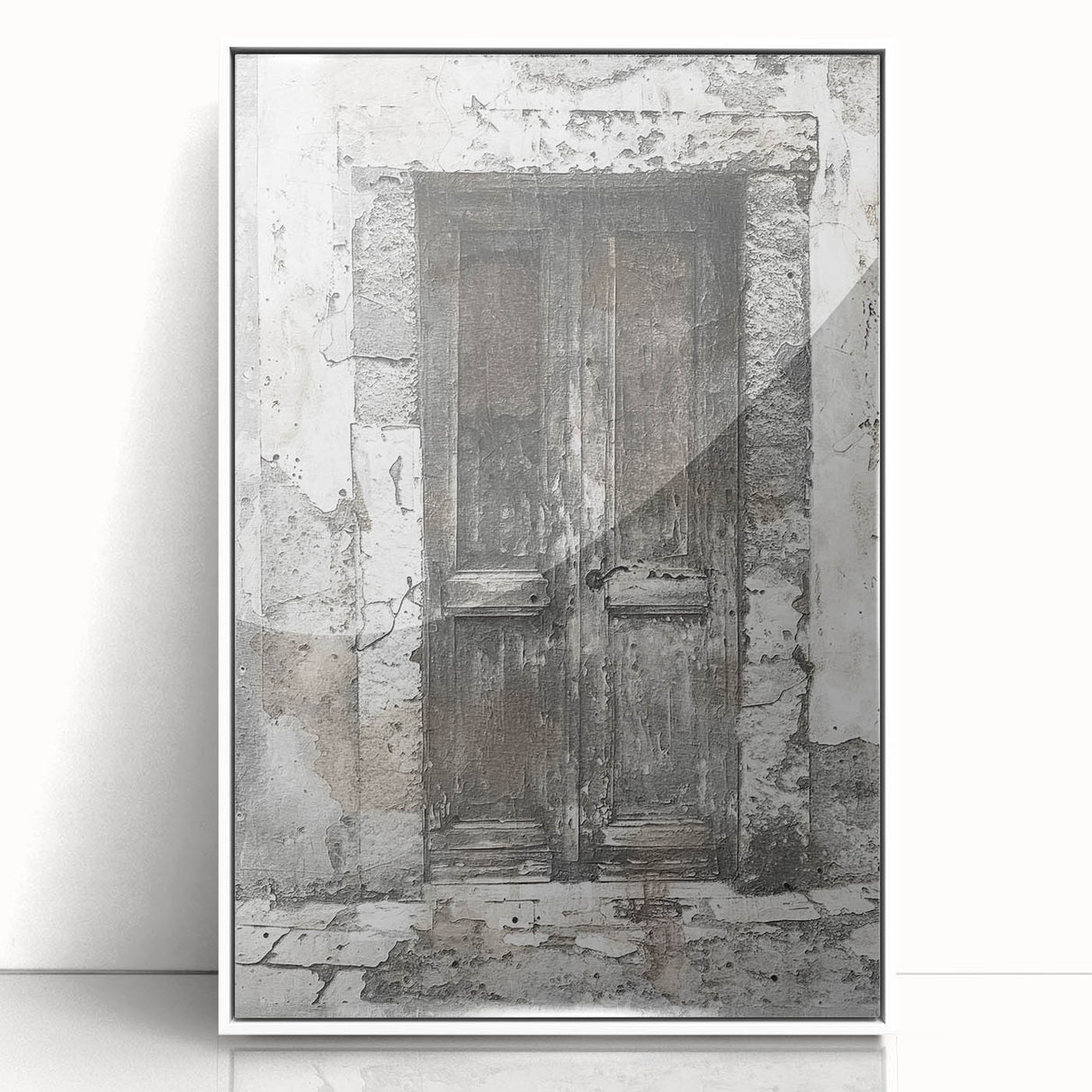 Framed acrylic print of a rustic Italian door in muted earth tones, suitable for modern art wall decor.