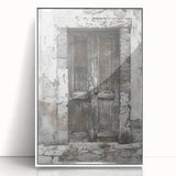 Framed acrylic print of a rustic Italian door in muted earth tones, suitable for modern art wall decor.