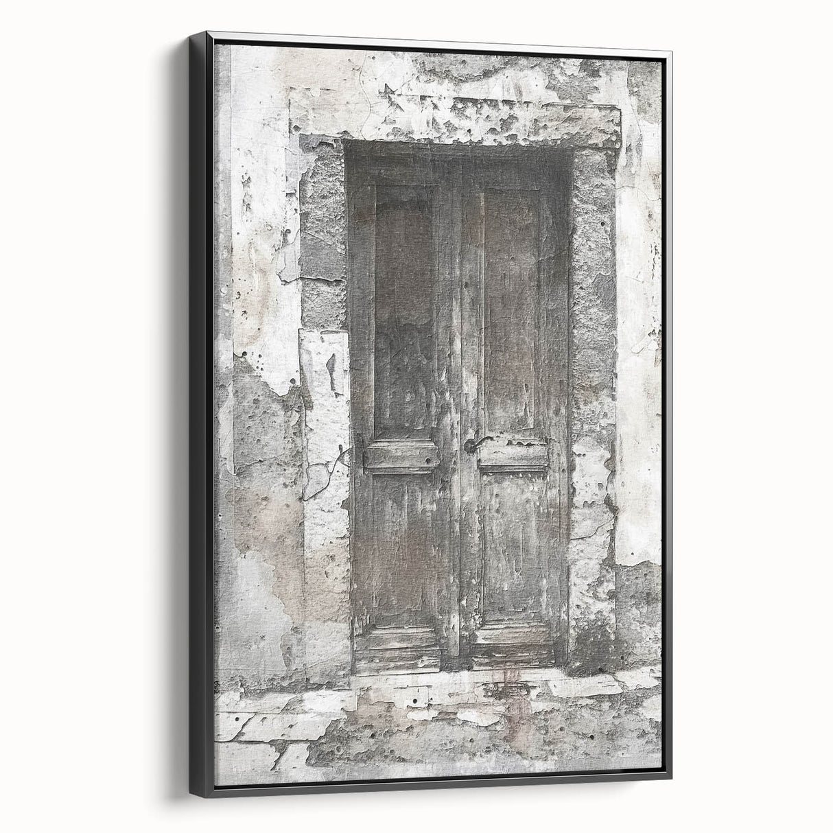 Black and white framed canvas of a rustic Italian door, ideal for bedroom landscape art.