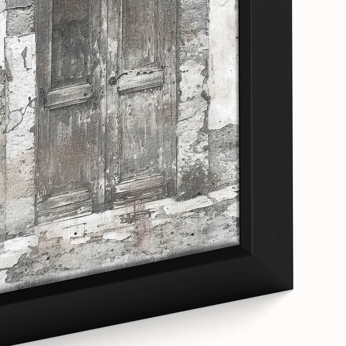 Close-up of a rustic Italian door depicted in black textured art on a framed canvas, featuring colorful accents.