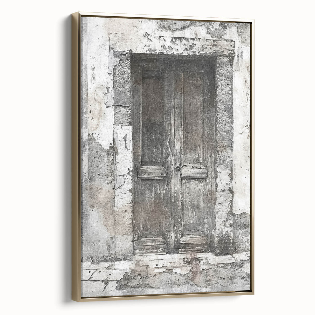 Rustic Italian door depicted in landscape art painting on a framed canvas, featuring muted earth tones.