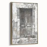 Rustic Italian door depicted in landscape art painting on a framed canvas, featuring muted earth tones.