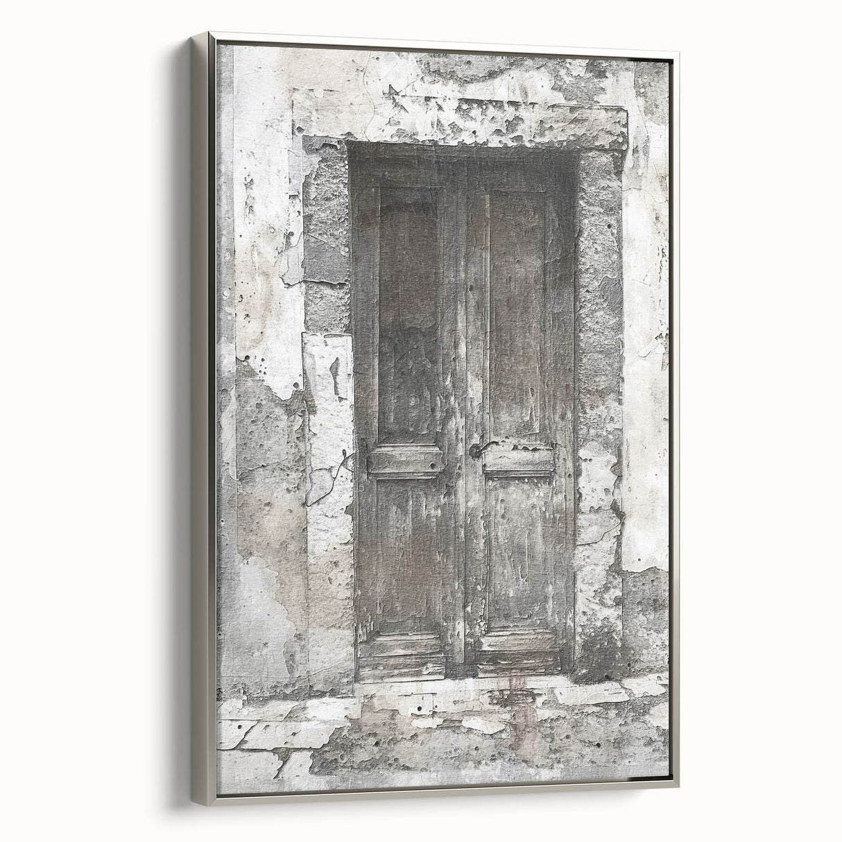 Framed canvas featuring a rustic Italian door in earthy tones, ideal for adding a vintage touch to any room.