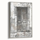 Framed canvas featuring a rustic Italian door in earthy tones, ideal for adding a vintage touch to any room.