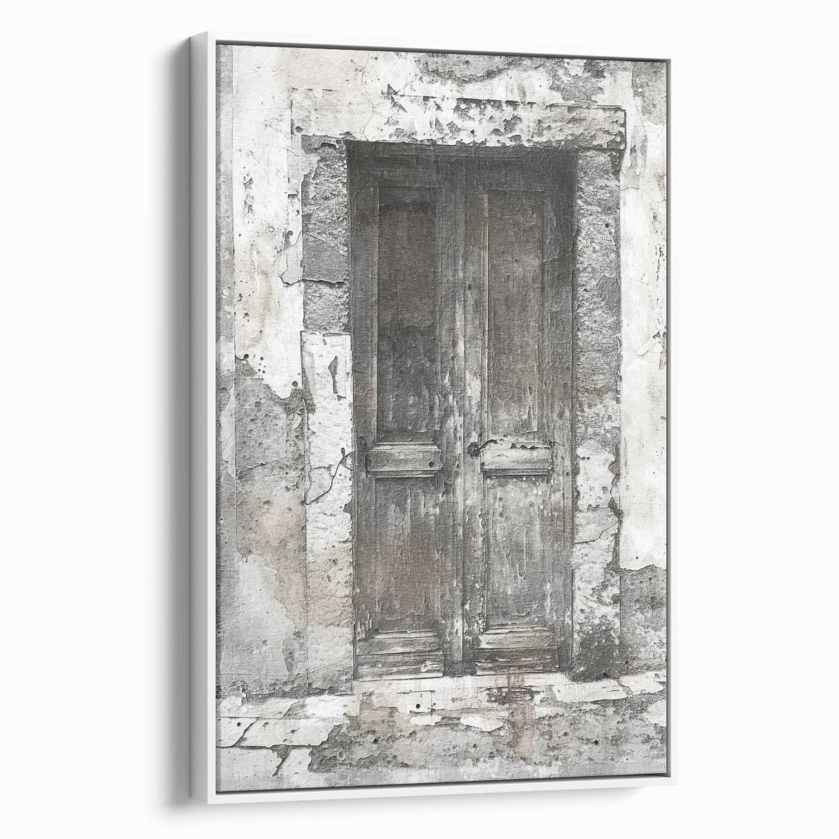 Vintage poster art of a rustic Italian door on a white framed canvas, ideal for living room decor.