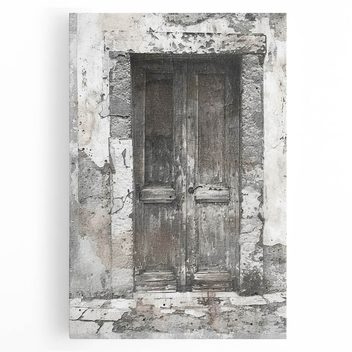 Black and white photo of a rustic Italian door on stretched canvas, ideal for kitchen wall art.