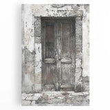 Black and white photo of a rustic Italian door on stretched canvas, ideal for kitchen wall art.