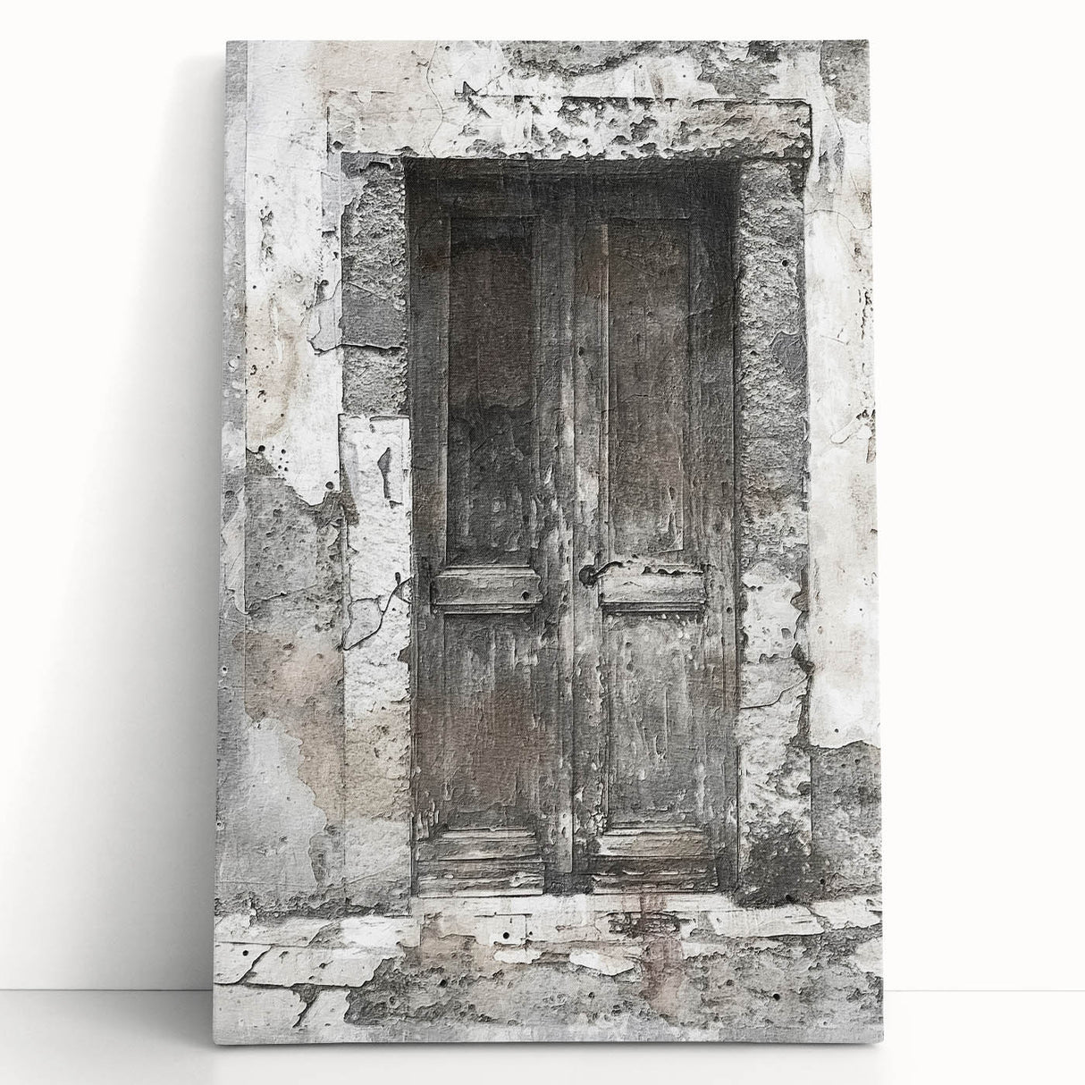 Black and white photo of a rustic Italian door on stretched canvas, ideal for kitchen wall art.
