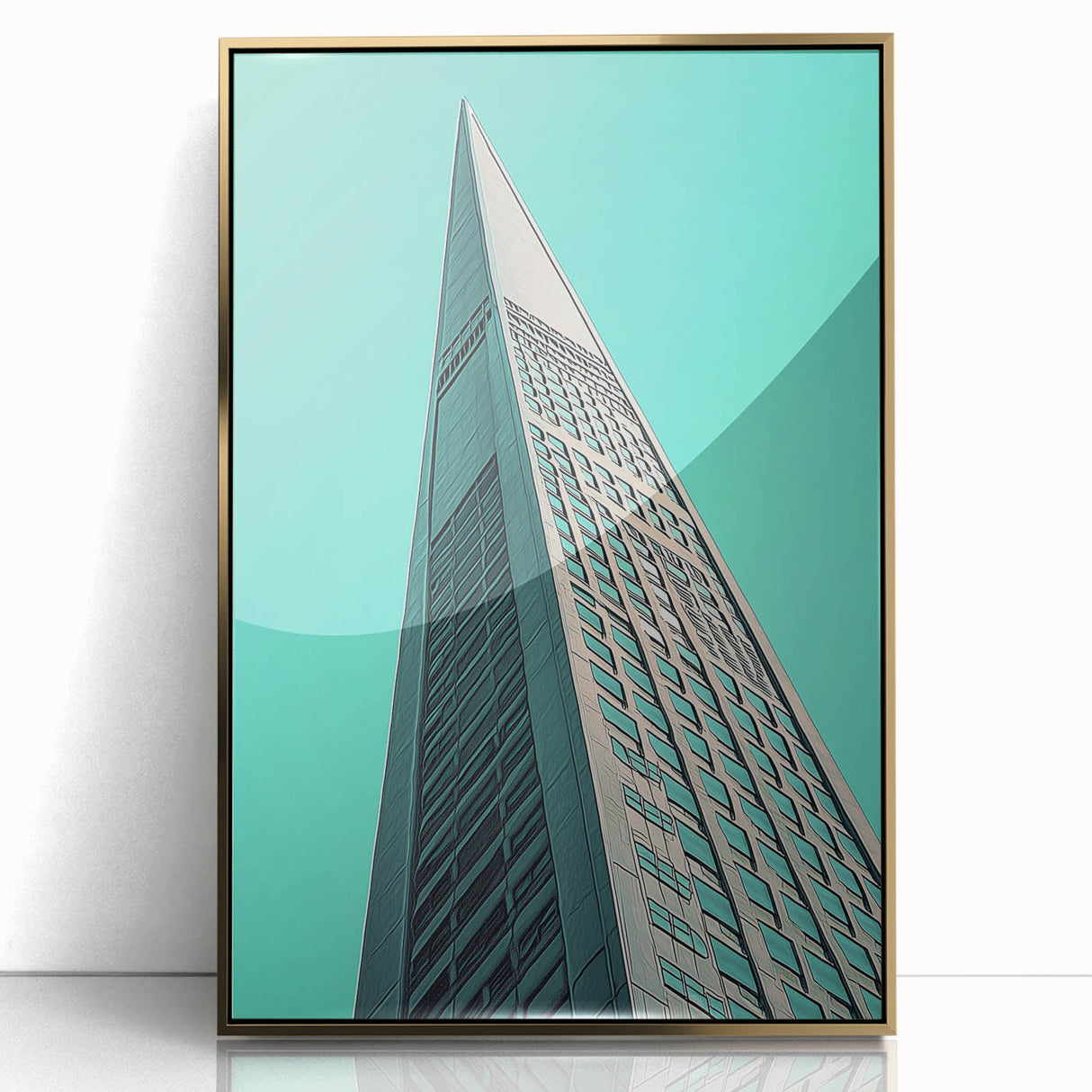 Mid-century modernist large art print of architectural design in gold tones, framed acrylic.