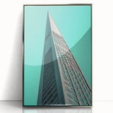 Mid-century modernist architecture depicted in muted gray and silver tones on a framed acrylic print.
