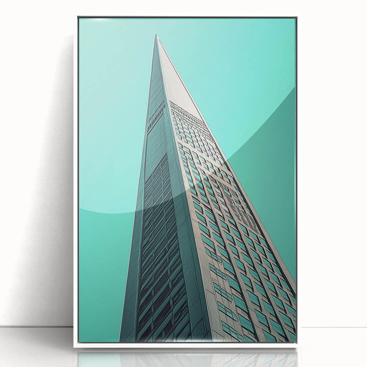 Art deco poster featuring geometric shapes in black and gold on a white acrylic framed print.