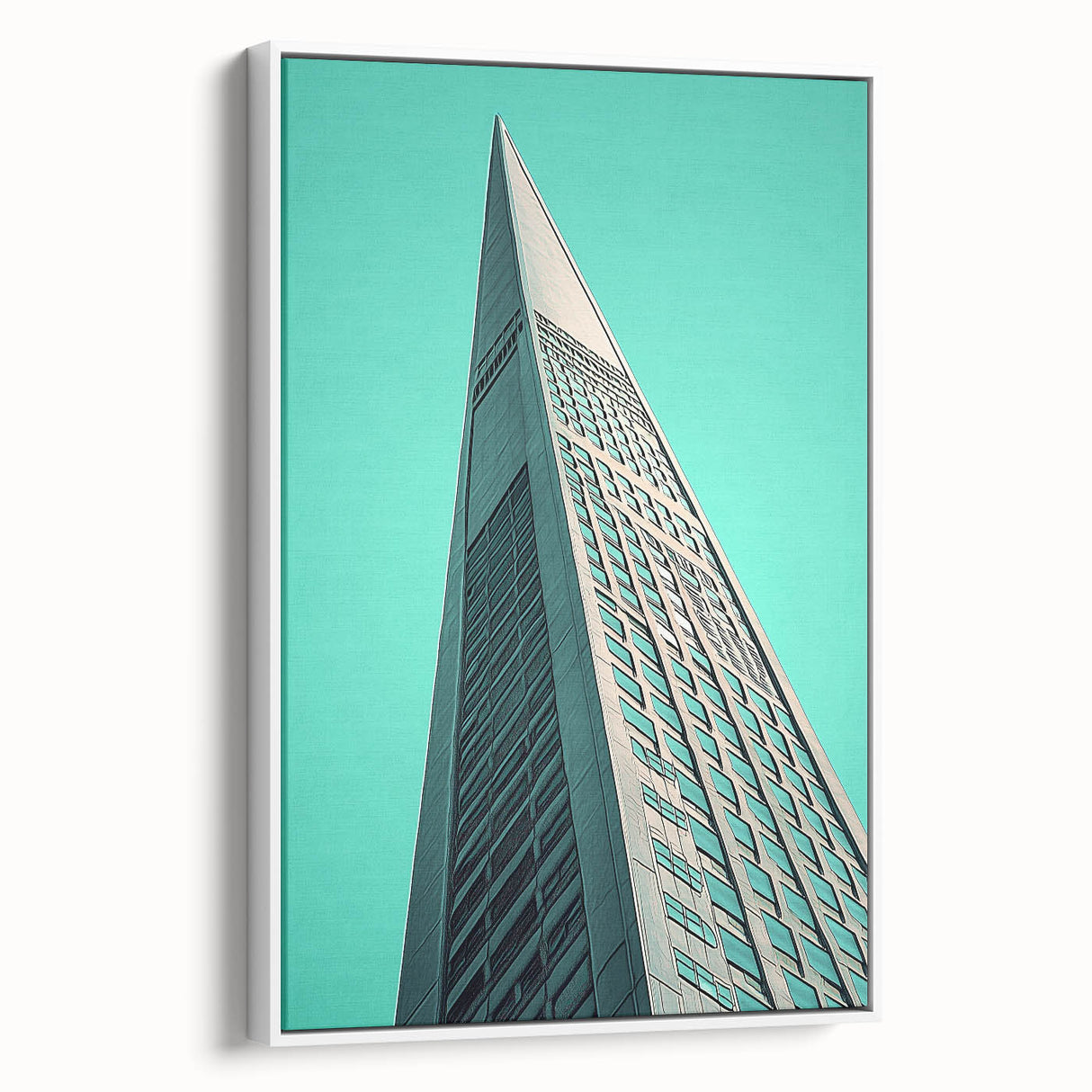 Vintage poster art of architectural design in black and colorful accents on a large framed canvas.