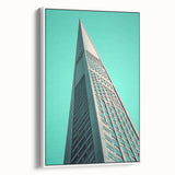 Vintage poster art of architectural design in black and colorful accents on a large framed canvas.