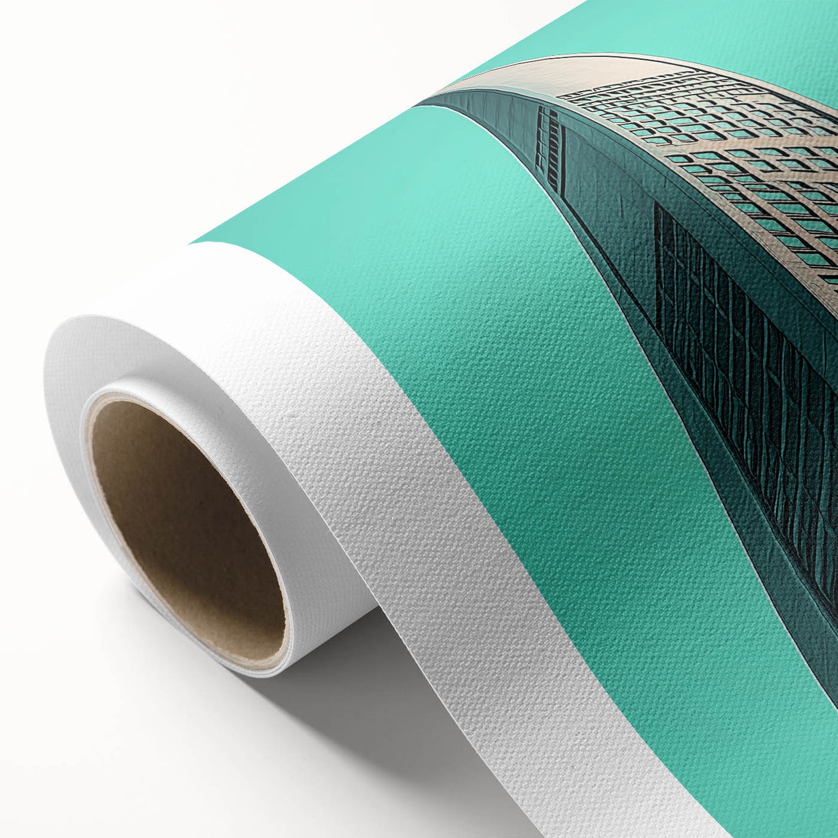 Art Deco poster of geometric buildings on rolled canvas, in muted gray and blue.