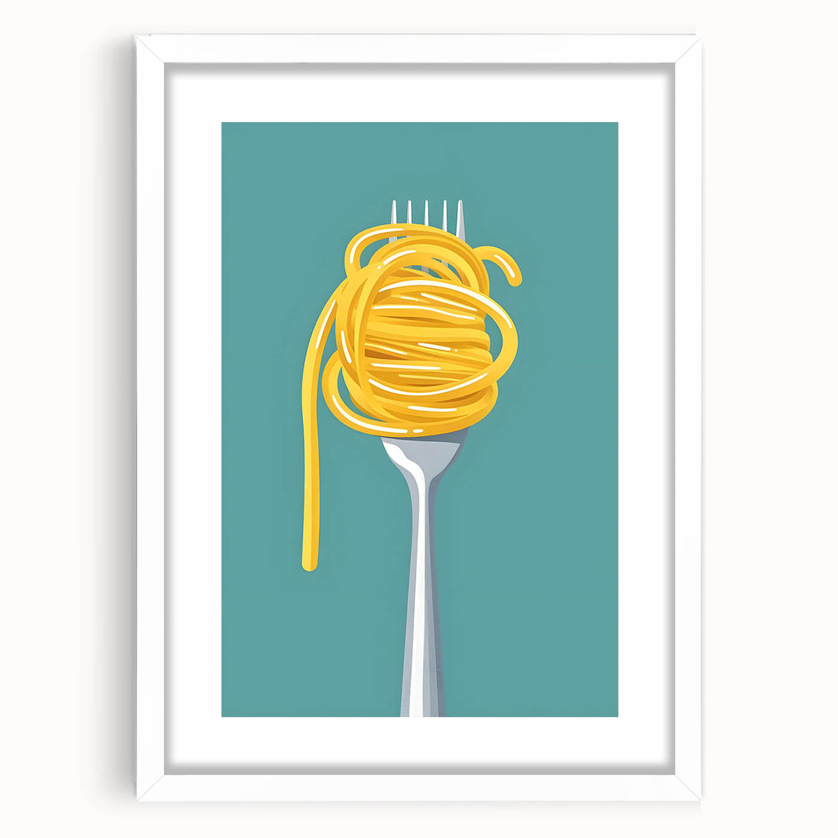 Abstract art print featuring swirling blue and gray patterns, framed in white, ideal for dining room decor.
