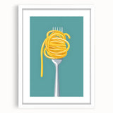 Abstract art print featuring swirling blue and gray patterns, framed in white, ideal for dining room decor.