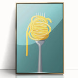 Large art print of dishes in gold and black, framed in acrylic, featuring mid-century modernist style.