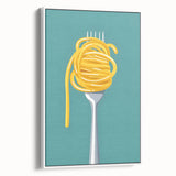 Framed canvas of vintage poster art featuring colorful dishes on a black background.