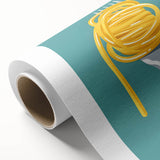 Art deco poster featuring a stylized illustration of colorful dishes on rolled canvas, suitable for dining room ambiance.