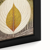 Close-up of a framed wall art canvas featuring vibrant floral and botanical leaf designs, showcasing intricate details and rich colors that enhance interior decor.