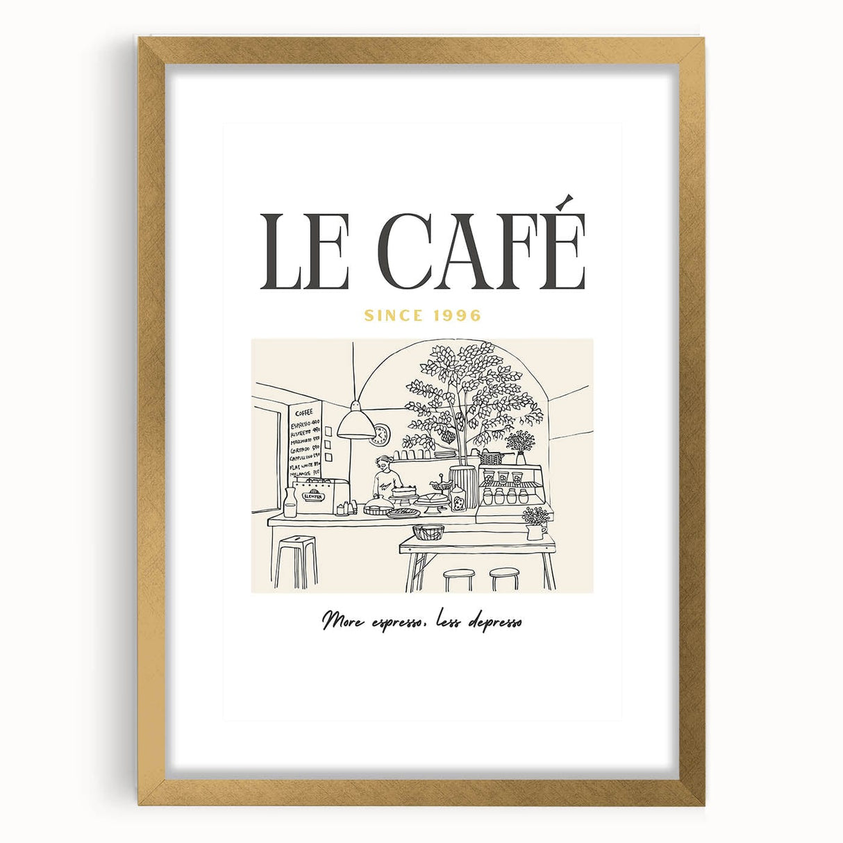 Extra large abstract art print featuring textured swirls in warm gold tones, framed with mat in a gold frame.