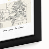 Close-up of textured black wall art featuring colorful food and drinks imagery on a framed canvas.