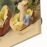 Close-up of large abstract wall art featuring assorted fruits in vibrant colors on acrylic glass, ideal for dining room art.