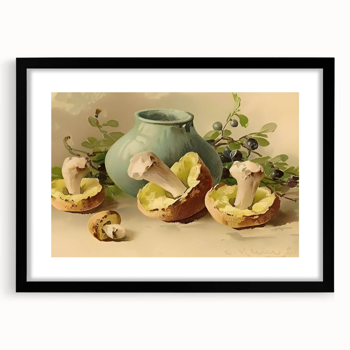 Extra large abstract art print featuring vibrant, colorful fruits on a textured canvas, framed in black.