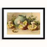 Extra large abstract art print featuring vibrant, colorful fruits on a textured canvas, framed in black.