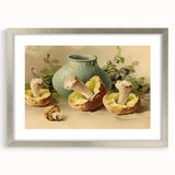 Textured art print featuring abstract patterns of fruits in vibrant colors, framed in silver, ideal for kitchen wall decor.