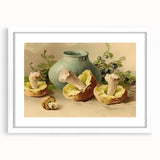 Abstract art print of assorted fruits in vibrant colors on a white framed canvas, suitable for dining room decor.