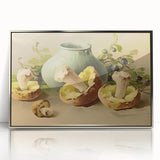 Mid-century modernist art featuring assorted fruits in vibrant colors on a silver-framed acrylic print.