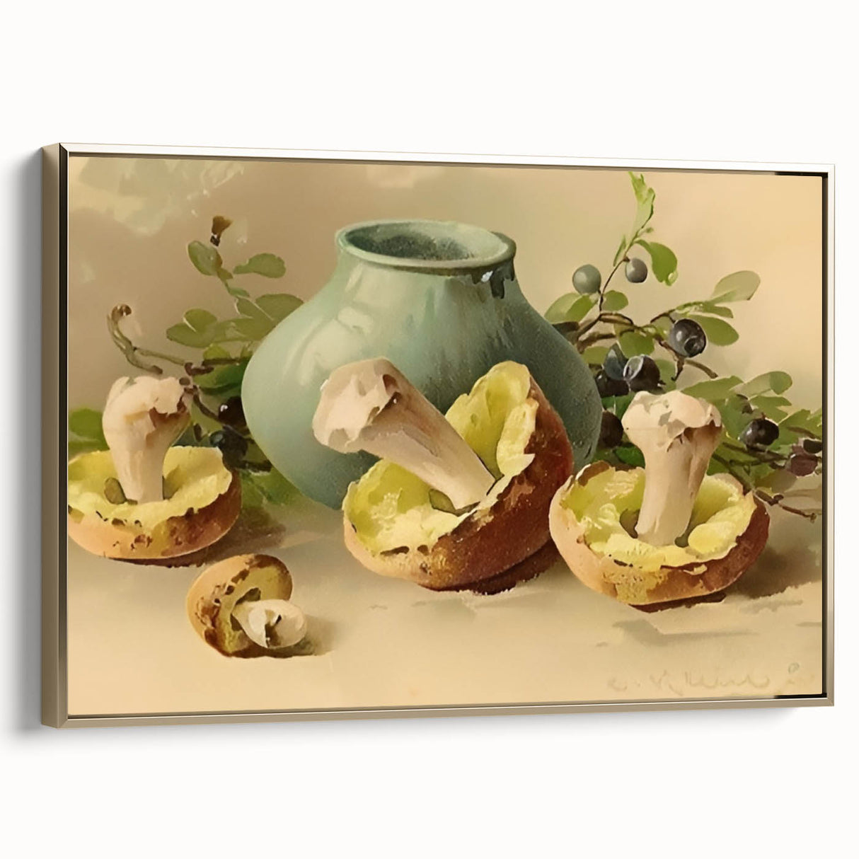 Framed canvas featuring a vintage poster of various fruits in muted colors, ideal for bedroom wall art.