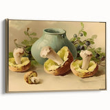 Framed canvas featuring a vintage poster of various fruits in muted colors, ideal for bedroom wall art.