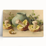 Black and white stretched canvas featuring an array of fruits, ideal for kitchen wall art.