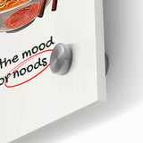 Large abstract wall art in mid-century modernist style on acrylic glass, featuring vibrant orange and teal hues.