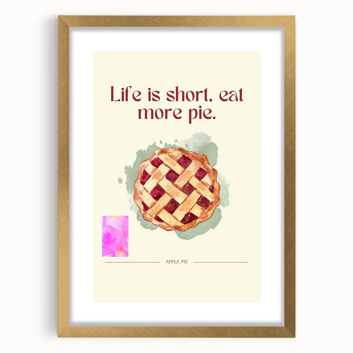 Extra large framed abstract art print of pastries in muted gold and beige, on textured canvas, ideal for living room decor.