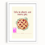 Abstract art print of assorted pastries in muted pastel shades, framed with a white mat, suitable for dining room decor.