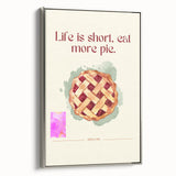 Framed canvas of vintage poster art depicting colorful pastries on a black background, ideal for kitchen wall decor.