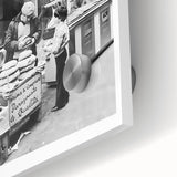 Large abstract wall art on acrylic glass featuring mid-century modernist design in vibrant hues, ideal for dining room decor.