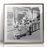 Large art print of a mid-century modernist style family meal scene in muted earth tones on framed acrylic.