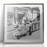 Mid-century modernist art depicting people dining, in muted earth tones on a framed acrylic.